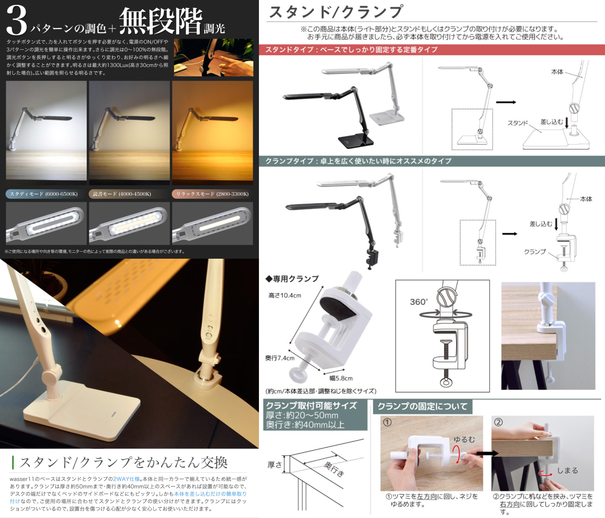 Amazon.co.jp: wasser 11 LED デスクライト クランプライト スタンド
